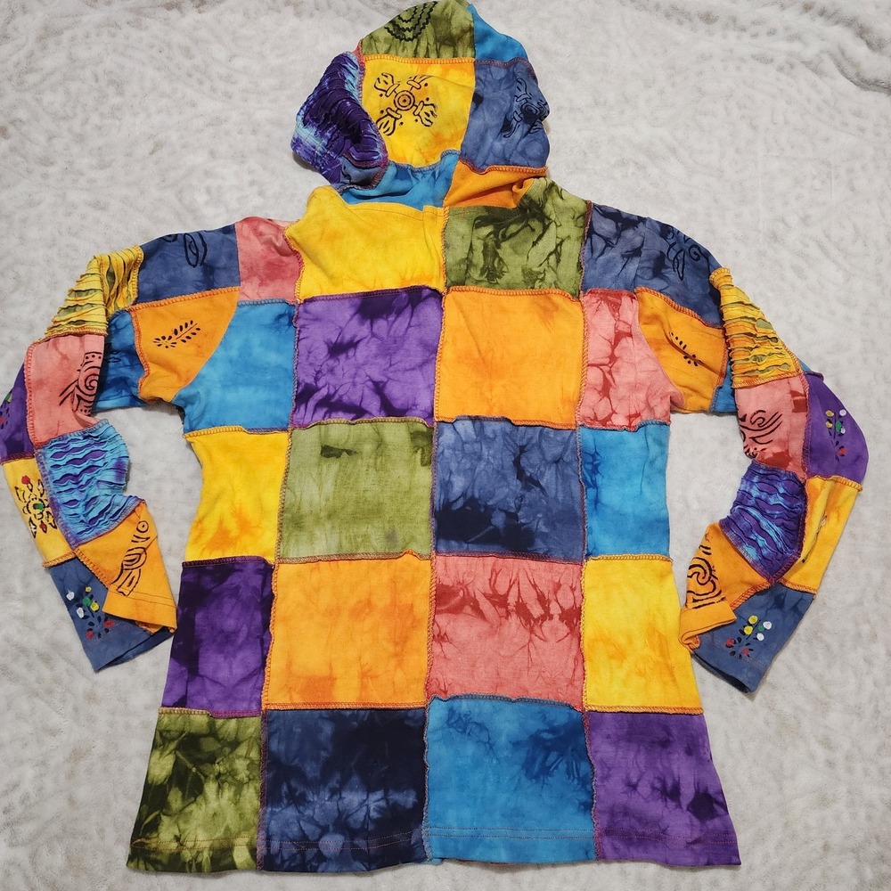 Rising International Hoodie XL Tie Dye Patchwork Sun Celestial Hippie Artsy Boho - Picture 3 of 12